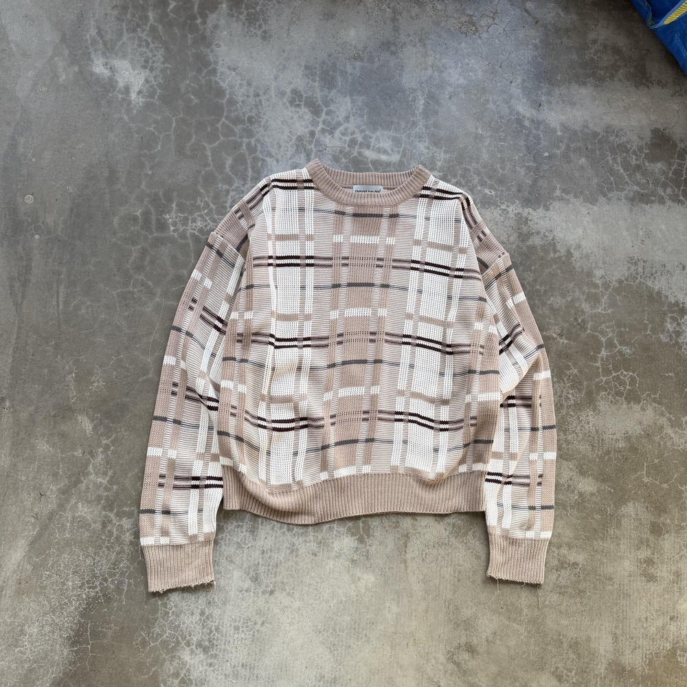 Vintage Sweater Mens Small Beige Plaid Knit Crewneck Pullover Long Sleeve